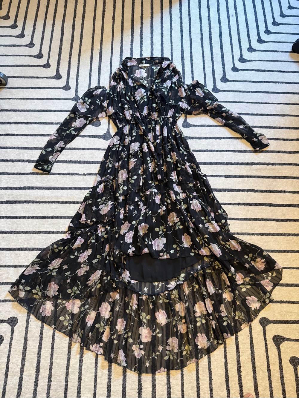 Ulla Johnson Marion Dress Silk Chiffon Cold Shoulder Black w Blush Floral Size 0 - Picture 6 of 14
